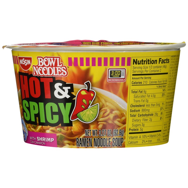Nissin Hot & Spicy Shrimp Bowl, 3.27 Ounce, 6 Pack