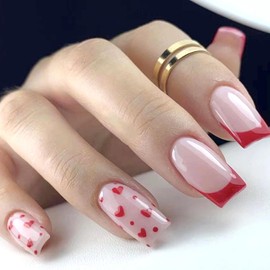 Lomxene Valentine's Day Press on Nails Medium Square Fake Nails French Tips Press on Nails Red Heart with Designs Full Cover Valentine's Day Acrylic Nails False Nails for Women 24Pcs