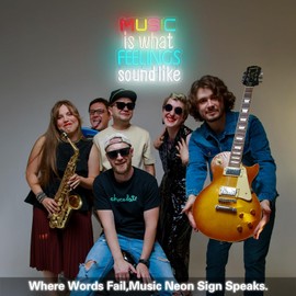 Music Is What Feelings Sound Like Neon Sign, Dimmable Music Led Neon Light with Bracket, Colorful Letter Neon Light Up Sign for Bedroom Recording Studio Party Man Cave Bar Wall Decoration