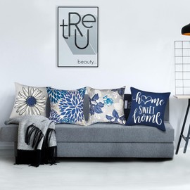 RYSMIYOU Decorative Throw Pillow Covers 20x20 Inch Pillow Covers Set of 4 Blue Pillow Cover Linen Square Pillow case,Farmhouse Throw Pillow Cover Outdoor Pillow Covers for Couch Sofa Living Room