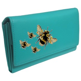 Klassek Bumblebee Womans Turquoise Purse Busy Bee Brand Image on Real Animal Leather RFID Honey Accessory Gift
