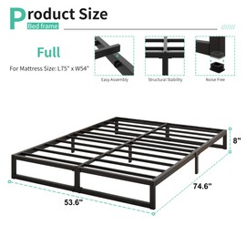 Lutown-Teen 8 Inch Full Bed Frame No Box Spring Needed, Heavy Duty Metal Platform Beds with Sturdy Steal Slats for Mattress Foundation, Easy Assembly, Noise Free, Black