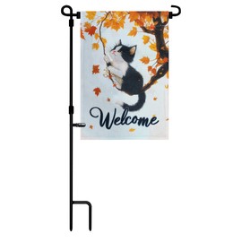 TOPFLAGS Garden Flag Stand with Fall Garden Flag 12 x 18 Autumn Cat Metal Yard Flags Holder Pole Stake Small Flag Stands with Clips and Stopper
