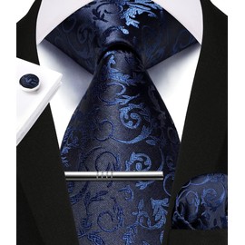 Enlision Men's Ties Navy Blue for Wedding Paisley Necktie Formal Business Tie and Pocket Square Cufflinks Clip Set