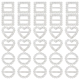 Framendino, 30 Pack Crystal Rhinestone Ribbon Buckles Sliders for Clothing Decoration Heart Square Round Silver
