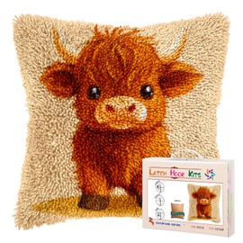 Latch Hook Pillow Kits for Adults Cute Baby Highland Cow DIY Pillow Cover Printed Pillowcase Crochet Hooking Yarns Handmade Cushion for Home Sofa Decoration 17x17inch(8)