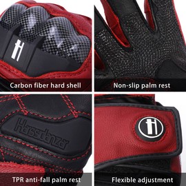 Harssidanzar Leather Motorcycle Gloves for Men and Women,Powersports Carbon Fiber Knuckle Protection Motorbike Gloves KM045CA,Oxblood/Black,Size L