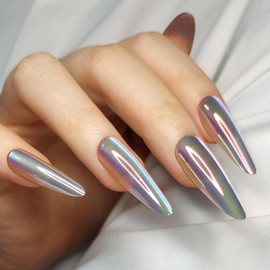 Artquee Green Laser Press on Nails Extra Long Almond Fake Nails Stiletto False Nails Art Chrome Glossy Artificial Reusable Stick on Nails - 30 Nail Kit