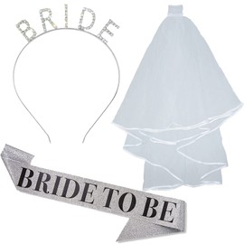 ZHENNAN Bride To Be Set, Silver Bride Headbands& White Bride Veil with Comb& Silver Bride to be Sash, 3 PCS Glitter Bridal Set Bachelorette Party Favors Bridal Shower Decoration Gifts for Bride
