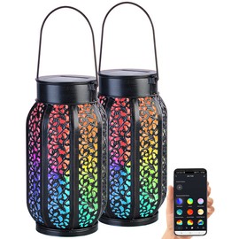 Lunartec Bluetooth Lantern: Smart Solar Lantern Metal RGB CCT LEDs App Set of 2 (Solar RGB Lantern, Metal Lanterns)