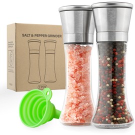 Mikinya Salt and Pepper Grinder Set - Adjustable Coarseness, Refillable Stainless Steel Pepper Mill Grinders - Elegant Glass Design - Compact and Stylish - Perfect Kitchen Companion (2 Pack)