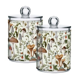 xigua 2 Pack Mushrooms and Berries Apothecary Jars with Lid, Qtip Holder Storage Containers for Cotton Ball, Swabs, Pads, Clear Plastic Canisters for Bathroom Vanity Organization (10 Oz)