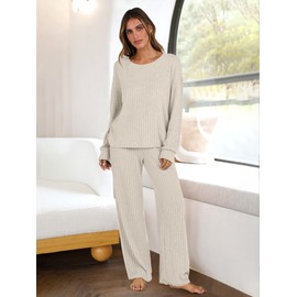 ANRABESS Women 2 Piece Lounge Pajamas Sets Casual Ribbed Knit Long Sleeve Top Pants Matching Set 2024 Fall Outfits Clothes Beige X-Large