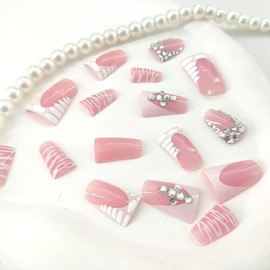 Durk Press on Nails Short Fake Nials with Luxury Rhinestones Designs White French Tip Acrylic Nails Press ons Pink Full Cover Glue Stick on Nails for Women 24 Pcs