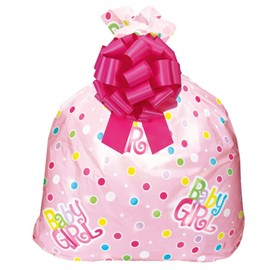 InstaBows Giant Gift Bag 36” x 44” with 12” Pink Bow – Pink Polka Dot Baby Girl Shower Gift Wrap Set for Large or Odd-Shaped Presents