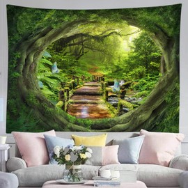 Hoisy Green Forest Cave Tapestry Wall Hanging Jungle Wood Wall Hanging Decoration 200x200 cm