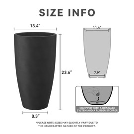 Kante 23.6" H Black Finish Concrete Tall Planters Large Outdoor Indoor Decorative Plant Pots with Drainage Hole and Rubber Plug, Modern Tapered Style for Home and Garden