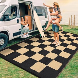 GarveeHome Outdoor Rug 8 x 10 Waterproof Checkboard Woven Carpet, Large Reversible Plastic Straw Rug, Foldable Modern Geometric Plaid Outside Camping Rug for Picnic, Backyard, Deck, Black Brown