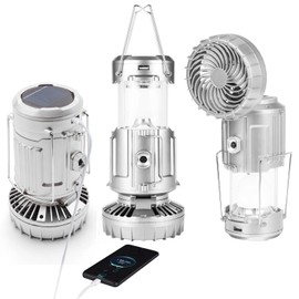 Camping Lantern with Fan, Flashlight Lantern Collapsible-USB Rechargeable, Solar & Battery Powered Camping Lampp for Picnic, Barbecue, Fishing, Travel Rechargeable Emergency Light (Silver)