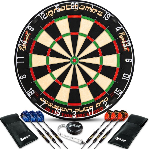 IgnatGames Dart Board Professional Set - Competition Size Kenyan Sisal Dart Board for Adults with 6 Professional Steel Darts - Staple-Free Ultra-Thin Wire Spider Dartboard + Accessories & Mounting Kit