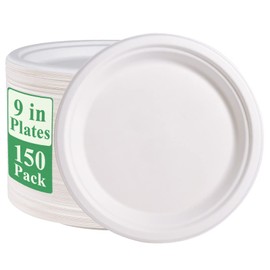 Vplus 150 Pack Paper Plates 9 inch 100% Compostable Plates Heavy-Duty Disposable Paper Plates Bagasse Natural Biodegradable Eco-Friendly Sugarcane Plates（White）