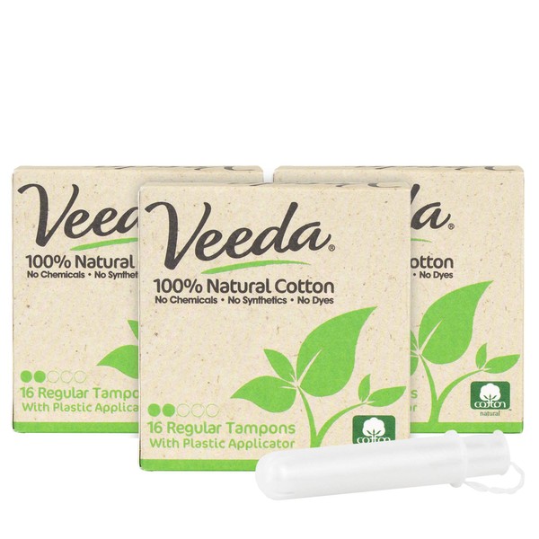 Veeda 100% Natural Cotton Regular and Super Tampons with Compact BPA-Free Applicator, Dermatologically Tested, Chlorine, Fragrance and Dye Free, Unscented, 3 Boxes Super Tampons 16 Count each, 3 Boxes Regular Tampons 16 Count Each
