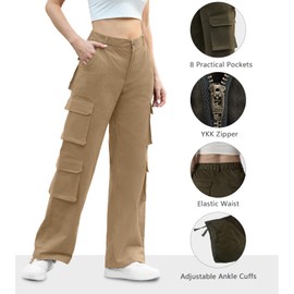 Women 8 Pockets High Waisted Cargo Pants Wide Leg Casual Pants Combat Military Trouser Khaki