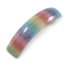 'Rainbow' Glitter Acrylic Square Barrette/Hair Clip In Silver Tone - 90mm Long