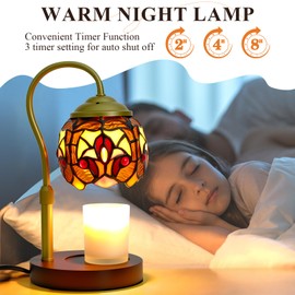LIBOZMKO Tiffany Style Candle Warmer Lamp with Timer, Dimmable Stained Glass Candle Lamp Warmer, Birthday Gifts for Mom Women Friend Sister Baroque Wax Melt Warmer with 2 Bulbs for Home Deco