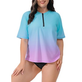 Halcurt UV Shirt Women's Plus Size Rash Guard UPF 50+ Sun Protection Swimming Shirt Swimming Shirt Quick Drying Swimwear 1X-4X, Ombre Blue Pink