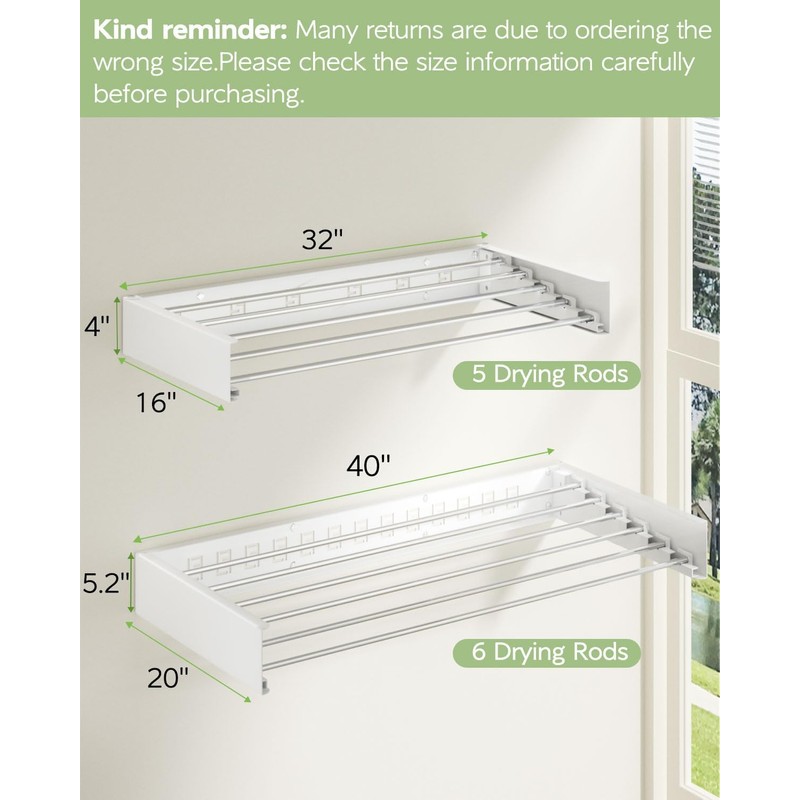 Wall Mounted Clothes Drying Rack 40 inches, Foldable Wall Mount