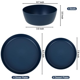 EI 12pcs Dark Blue Wheat Straw Dinnerware Set,Wheat Straw Plates,Plastic Plates Reusable,Plate and Bowls Sets,Unbreakable Plastic Plate for Dinner, Camping,Picnic