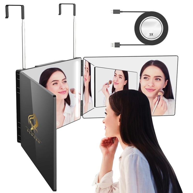 GLDDAO Three Way Mirror for Braiding Hair LED Lighted Trifold