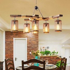 OUKANING Industrial Vintage Wooden Hanging Pendant Light Retro Loft Lantern Chandelier Farmhouse Suspension Lighting Fixture for Coffee Shop Restaurant Kitchen Island (6 lamp)
