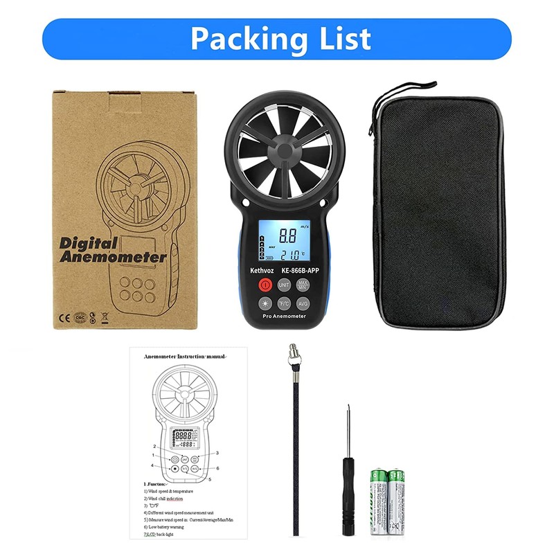 Bluetooth Digital Anemometer, Kethvoz Handheld Wind Speed Meter with Data