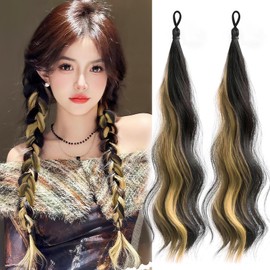 Chisafly Hair Extensions, Children's Hair Extensions, Ponytail Wigs, 2 Pieces, Mesh, Long Curls, Curly Hair, Blonde Hair, Heat Resistant, Elastic Included, Women's Braids, Buns, Dance (Gold)