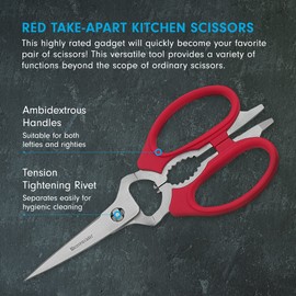 Messermeister 8-Inch Take-Apart Kitchen Scissors, Red - Includes Screwdriver, Nut Cracker, Jar Lid Opener/Gripper, Bottle Opener & Bone + Twig Cutter - Suitable for Lefties & Righties