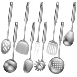 9 PCS Stainless Steel Cooking Utensils, Kitchen Serving Utensil with Long Handle & Hanging Hole, Skimmer, Ladle, Spatula, Slotted Spoon, Pasta Server, Meat Fork, Dishwasher Safe