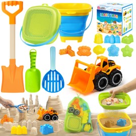 Beach Sand Toys for Kids with Collapsible Bucket and Mesh Bag, Toddlers Filter Sand Scooper Mesh Shovel Cover for Collecting Shells, Castle Molds, 16 Pcs Beach Essentials Toys for Summer Outdoor Beach