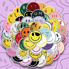 MUSHI Stickers de Cara feliz 50 Pegatinas de cara sonriente de Vinilo con diseños Únicos de happy face,stickers para laptop, Termos, Celulares, Guitarras, Refrigeradores, Bicicletas, Patinetas
