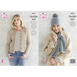 King Cole 5479 Knitting Pattern Womens Cardigan Scarf and Hat in Subtle Drifter DK