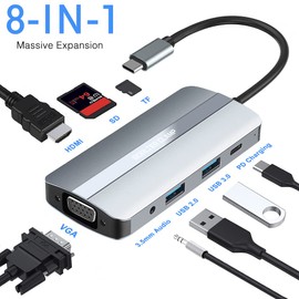 BorlterClamp USB C Hub, 8-in-1 USB C Docking Station Multiport Adapter with 4K HDMI, VGA Adapter, 100W PD, 2 USB Ports, SD and MicroSD Card Reader, 3.5 mm Audio Port for MacBook, XPS, and More