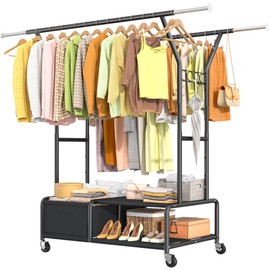 Raybee Clothes Racks for Hanging Clothes with Shelves 400LBS, Adjustable Clothing Rack with Lockable Wheels, Multi-Functional Closet Rack For Bedroom, Heavy Duty Garment Racks for Hanging 220+ Clothes