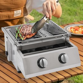 PIAOCAIYIN 2 Burner Gas BBQ Grill, LPG Stainless Steel Tabletop Propane Gas Grill w/Oil Drip Pan Adjustable Height Smokeless Gas Grill Outdoor For Camping, Picnic, Family Gathering