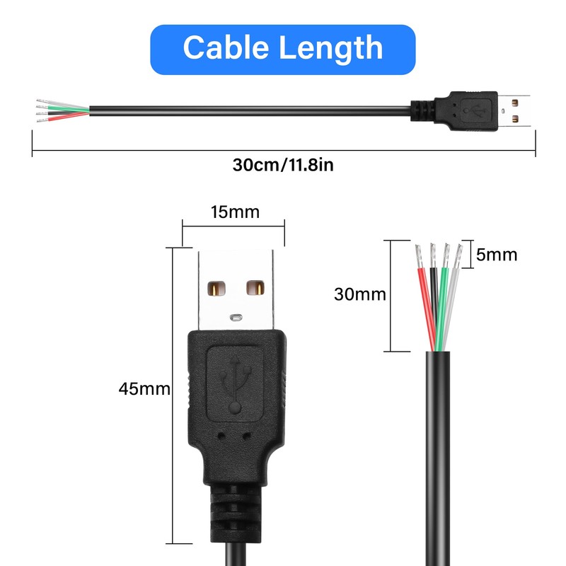 PNGKNYOCN 30cm USB DIY Pigtail Cable, 22AWG 5V/3A USB A