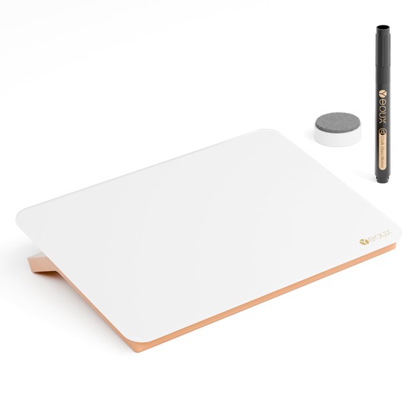 Glass Desk Whiteboard with Reversible Wood Stand, Small Portable Desktop