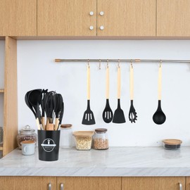Wenrescry 12-teiliges Silikon Küchenutensilien Set, Hitzebeständig, Antihaftbeschichtet, Spülmaschinenfest, Ergonomisch, Lebensmittelecht, Mit Utensilienhalter, Schwarz: Komplettes Küchenhelfer Set
