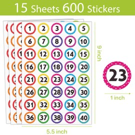 600 Pcs Number Stickers 1-40, 1" Dot Number Labels Self-Adhesive Water/Tear Resistant Removable for Classroom Office