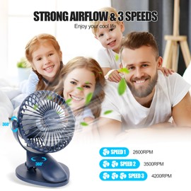 Portable Clip Fan Battery Operated,3 Speeds USB Rechargeable Mini Table Fan with Strong Airflow,360°Rotation Ultra Quiet Personal Desk Fan for Home Office Bedroom Dorm Stroller Camping - DeepBlue