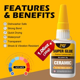 Ceramic Super Glue Liquid, Clear Instant Cyanoacrylate Adhesives for Ceramic Repair Food Safe, All Purpose CA Glue for Shoe Plastic Leather Glass Model Metal Wood Pottery Porcelain Mugs Clay Dishes